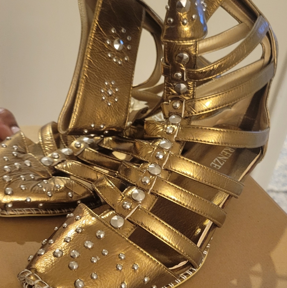 Gold Strappy Sandals with Rhinestone Accents